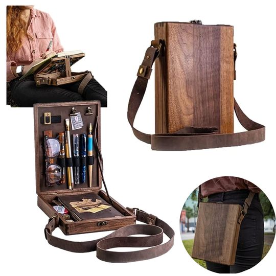 Discover Writers Messenger Wood Box, Multifunctional Wooden Handmade Crossbody Postman Bag