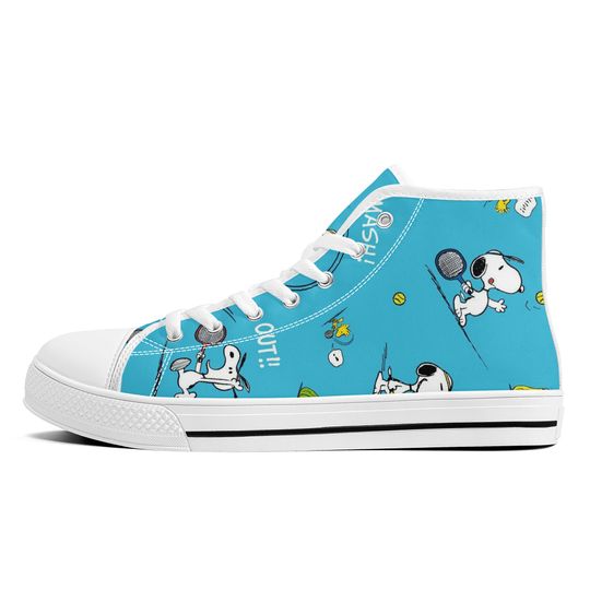 Discover Snoopy  Playing Tennis Cartoon Blue High Top Sneakers
