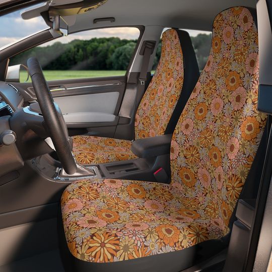 Discover Boho Hippie Groovy Floral Car Seat Covers, Vintage Style Flowers Seat Protector