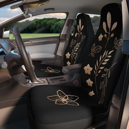 Discover Elegant Rose Gold Leaves Car Seat Covers, Black Floral Seat Covers