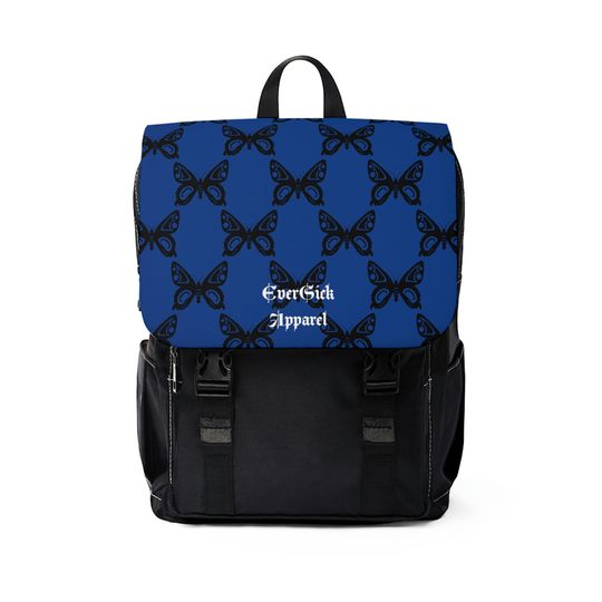 Discover Unisex Casual Shoulder Backpack Blue and black butterfly