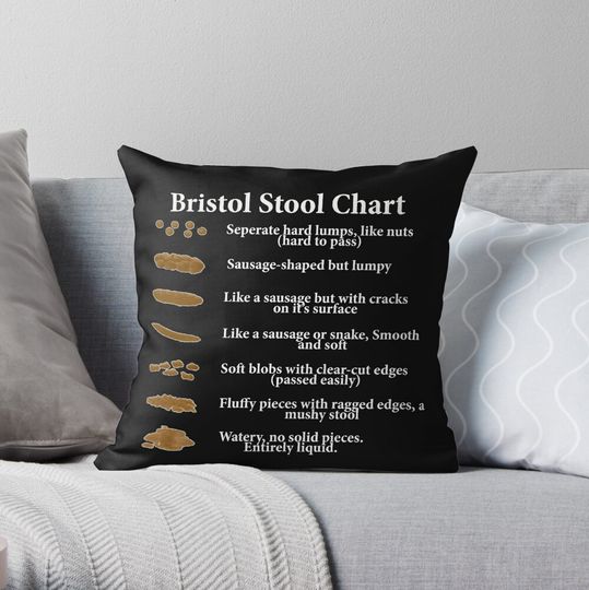 Discover Bristol Stool Chart in White Writing Black Background Throw Pillow