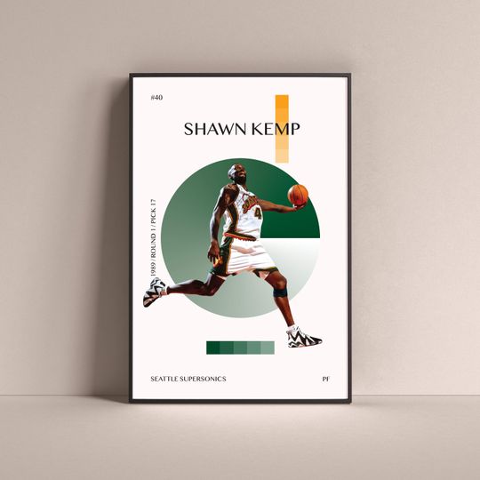 Discover Shawn Kemp Poster, Seattle SuperSonics Art Print Minimalist Basketball Wall Decor