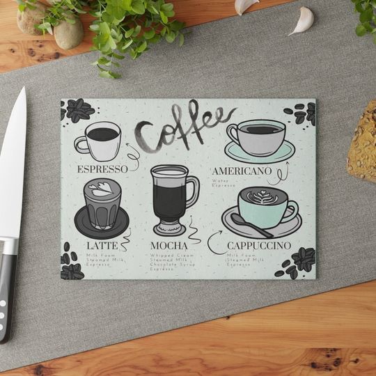 Discover Glass Cutting Board with Coffee Cafe Types