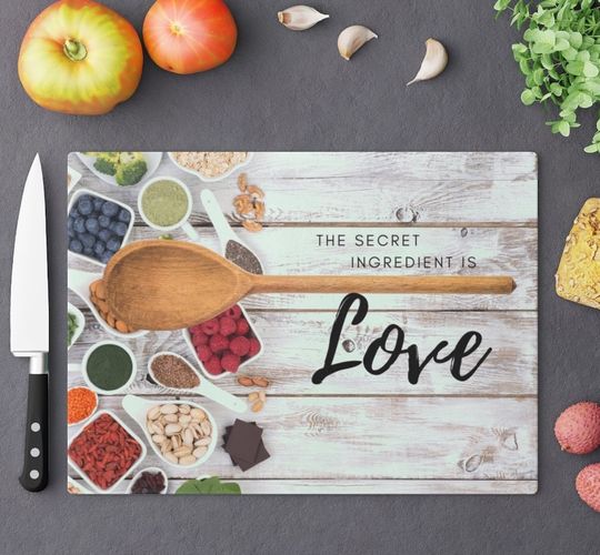 Discover Glass Cutting Board The Secret Ingredient is Love Spices Wooden Spoon