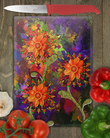 Discover Abstract Flowers Glass Cutting Board, Kitchen Decor