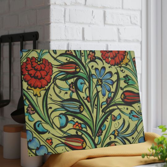 Discover Glass Cutting Board, Red and Green Floral Cutting Board, Botanical Kitchen