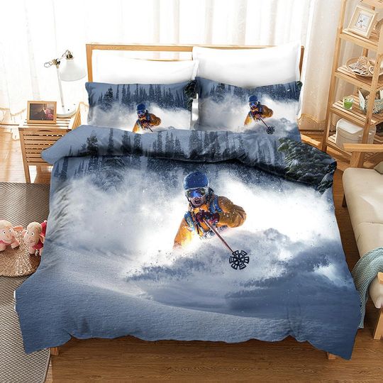 Discover Skier Duvet Cover Set King Skiing Downhill in High Mountain Extreme Winter Sports Hobby