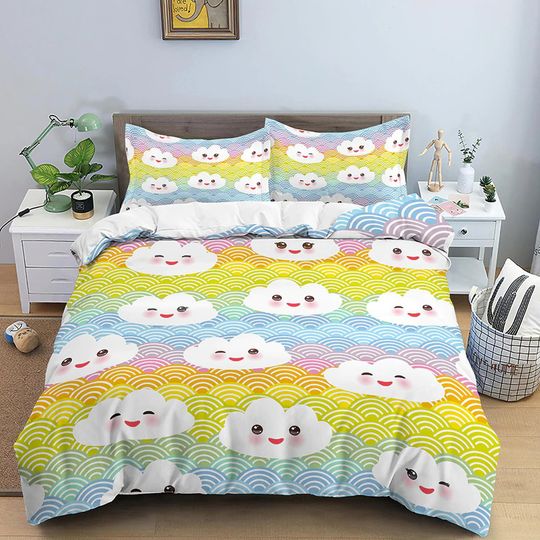 Discover Kawaii Cute Smiling Clouds Colorful Bedding, Duvet Cover Set