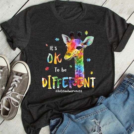 Discover Autism Awareness Acceptance Women Kid Its Ok To Be Different Giraffe T-Shirt