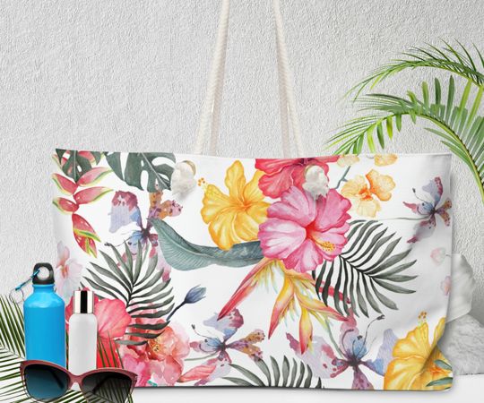 Discover Beach or Weekender Tote Bag with Tropical Floral Design - Durable and Large Beach