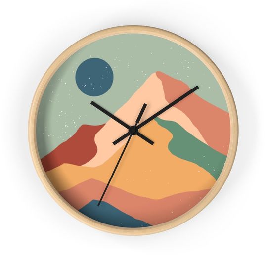 Discover Mid Century Modern Wall Clock, Abstract Mountain Landscape Wall Clock