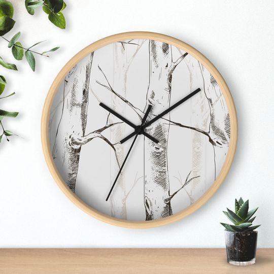 Discover Birch Trees Forest Wall Clock, Minimalist Goblincore Wood Round Clock