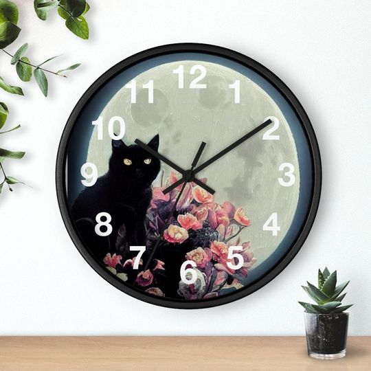Discover 10" Inch Wooden Wall clock, Full Moon Black Cat Round Wall Clock with Plexiglass Face