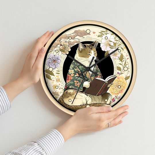 Discover Reading Cat Silent Wall clock - Japanese painting style Art - Wall Decor - For Cat Lover