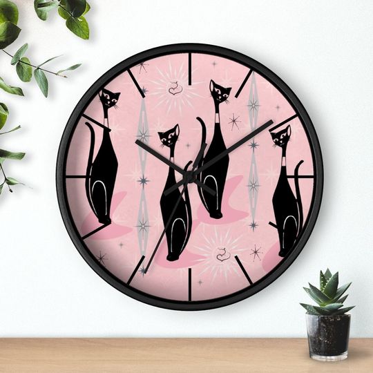 Discover Atomic cats, pink atomic, Mid-century  cats, pink atomic cat wall clock