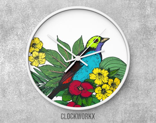 Discover Bird Wall Clock, Tropical Bird with Flowers and Leaves Wall Clock