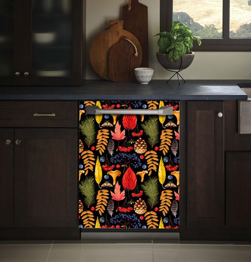 Discover Leaves and Mushrooms Dishwasher Decal, Door Vinyl Decal, Colourful Kitchen Dishwasher, Waterproof,Removable Cover
