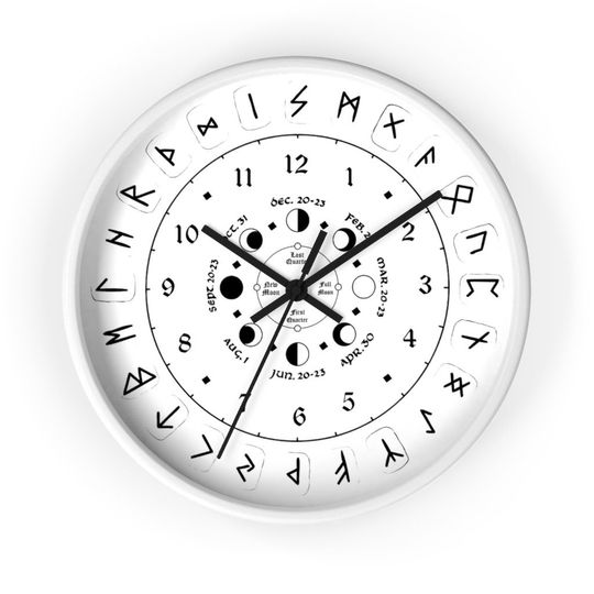 Discover Wall clock - Pagan, Rune and moon cycle clock. witchcraft. White version.