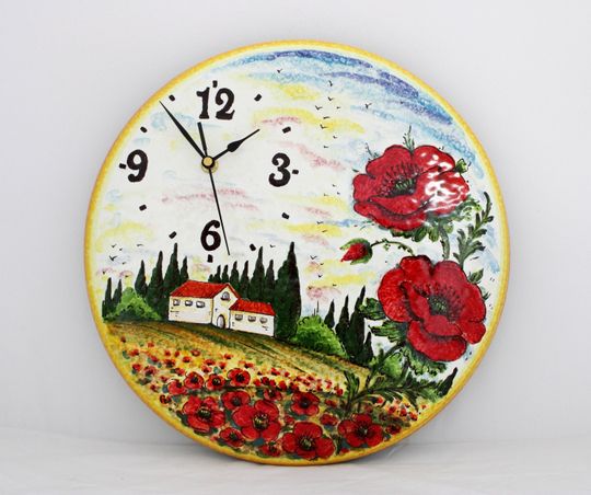 Discover Italian Ceramic Wall Clock Tuscan Landscape and Poppies Summer in Italy