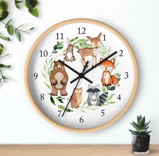 Discover Woodland Animals Wall Clock, Watercolor Nursery Wall Clock