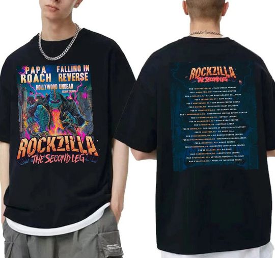 Discover Rockzilla Tour 2023 Shirt, Rockzilla The Second Leg Tour, Papa Roach Falling In Reverse T-Shirt