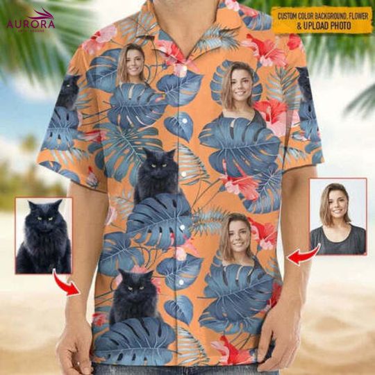 Discover Custom Cat And Face Photo Hawaiian Shirt, Custom Hawaiian Shirt