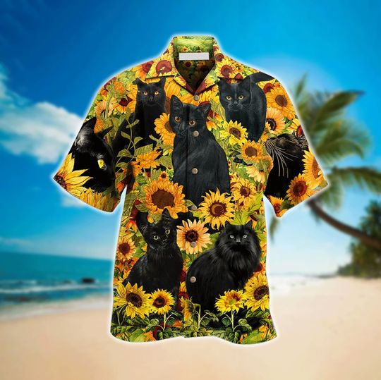 Discover Black Cat Love Sunflower - Hawaiian Shirt, Aloha Short Sleeve Button Down
