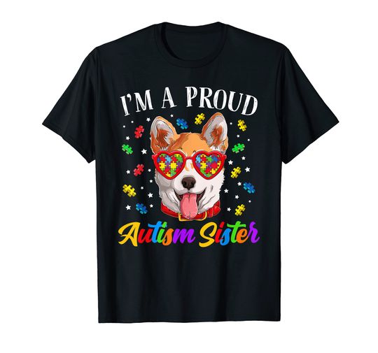 Discover Proud Autism Sister Akita Inu Dog Puzzle Glasses Awareness T-Shirt