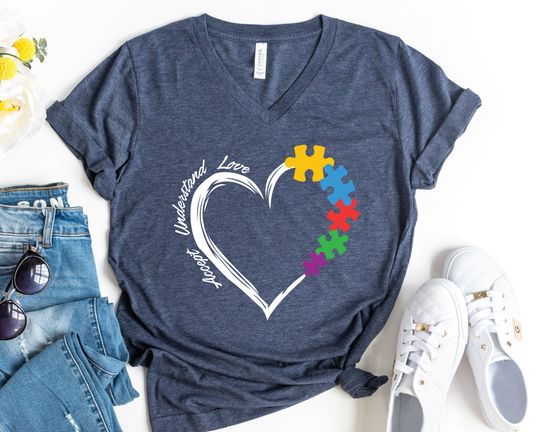 Discover Autism V-Neck Shirt, Accept Understand Love Shirt, Autism Awareness T-Shirt