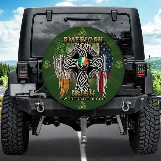 Discover American By Birth Spare Tire Cover, Celtic Cross Tire Cover, Happy St Patrick's Day