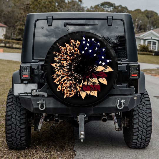 Discover Patriotic Sunflower Holiday tire spare, Gift For Jeep Lover, USA Spare Tire Cover