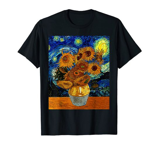 Discover Vincent van Gogh Starry Night Sunflower Art Famous Painting T-Shirt