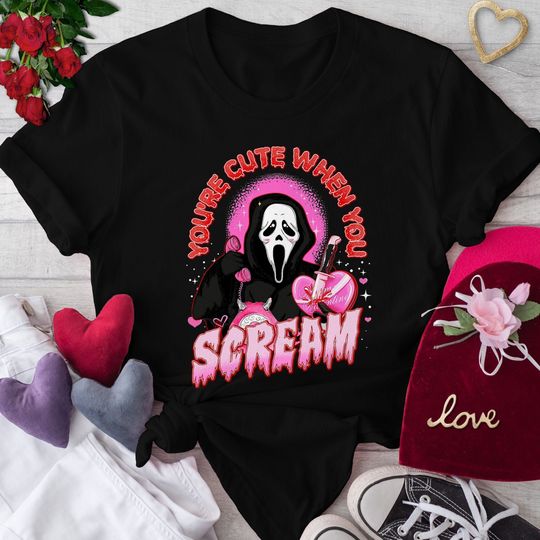 Discover Horror Valentine Tee, You're Cute When You Scream T-Shirt, Ghostface Horror Character Graphics Tee