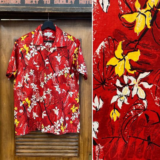 Discover Vintage 1950s Duke of Hollywood Cotton Floral Tiki Loop Collar Mod Hawaiian Shirt