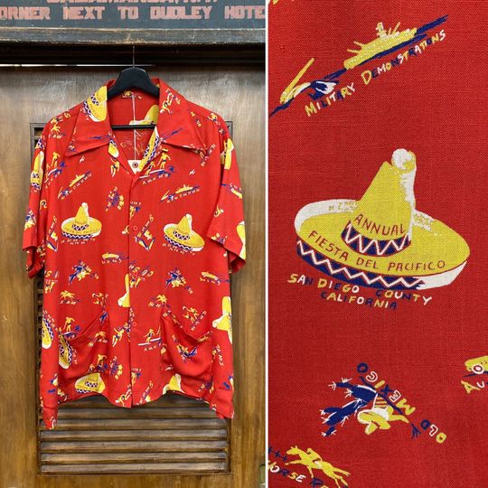 Discover Vintage 1950s Custom Atomic Rayon San Diego Fiesta Hawaiian Shirt