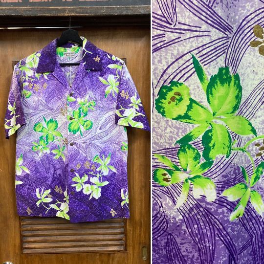 Discover Vintage 1950s Atomic Tiki Cotton Loop Collar Hawaiian Shirt
