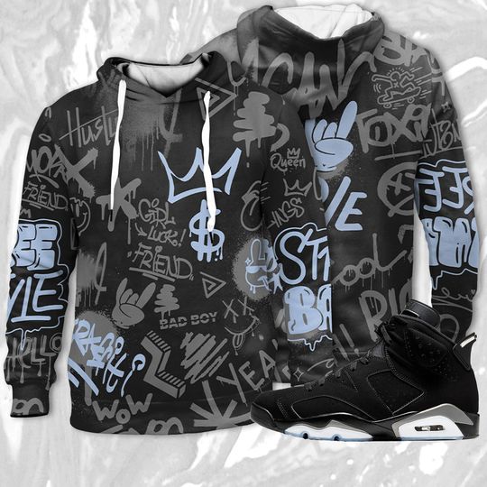 Discover Graffiti King 3D Doodle Style Hoodie Match Jordan 6 Black Chrome Metallic Silver