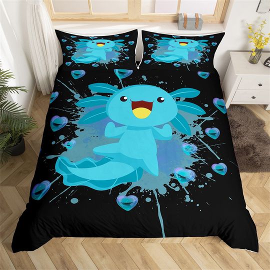 Discover Blue Axolotl Handmade Bedding Set, Cartoon Cute Ocean Animal Duvet Cover, Watercolor Tie Dye Quilt