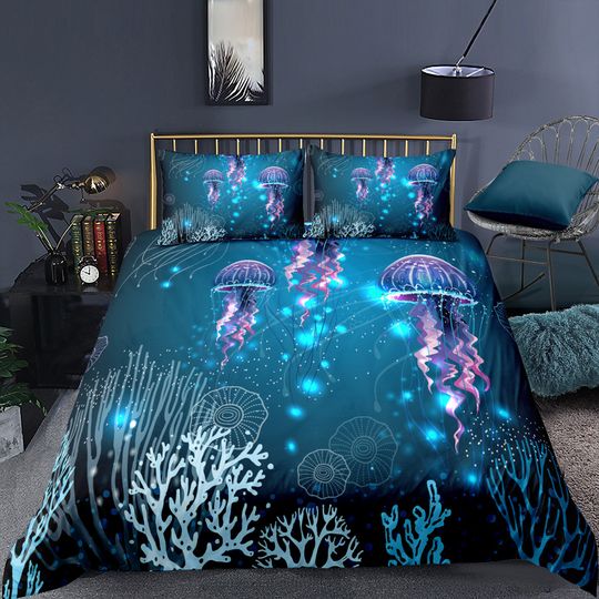 Discover Jellyfish Comforter Cover Set Kids Toddler Sea Blue Underwater World Duvet Cover Boys Gils Teen Bedding Set