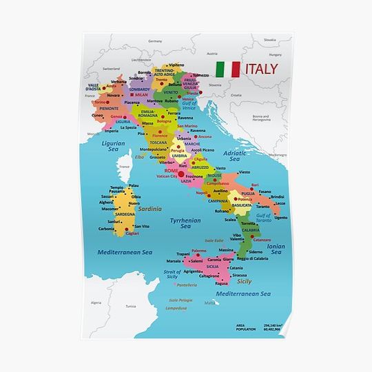Discover Italy map with regions and main cities Premium Matte Vertical Poster