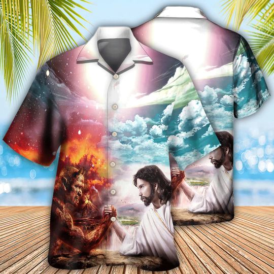 Discover Wrestling Arm Wrestling Jesus vs Satan Hawaiian Shirt