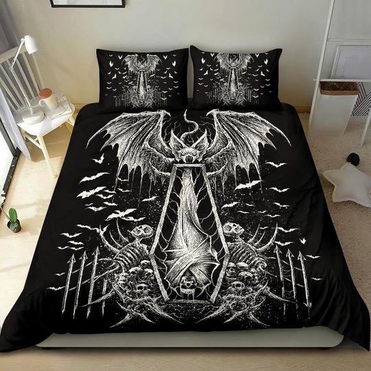 Discover Skull Batwing Skeleton Coffin Shroud Duvet Set Awesome Black And White-Gothic Bat Skull Bedding set
