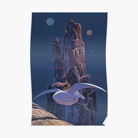 Discover moebius, arzach, poster, night, mountain, rock city, seagull, moon, stars, comic, french comic, jean giroud Premium Matte Vertical Poster