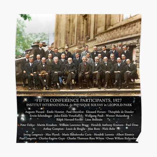 Discover 1927 Solvay Conference (deep space NGC3660 bg), posters, prints Premium Matte Vertical Poster
