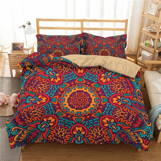 Discover Floral Duvet Cover Set for Teens Adults, Red Passionate Bright Symmetrical Bedding Set