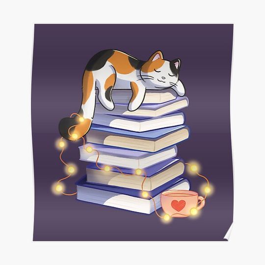 Discover Calico Cat Sleeping On Books Premium Matte Vertical Poster