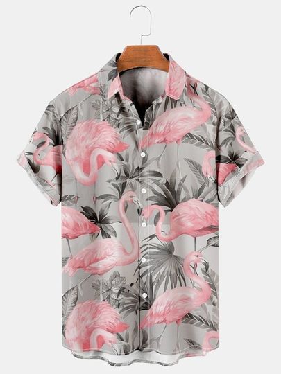 Discover Mens Flamingo Printed Casual Short Sleeve Shirt Hawaiian Top, Flamingo Hawaiian Shirt