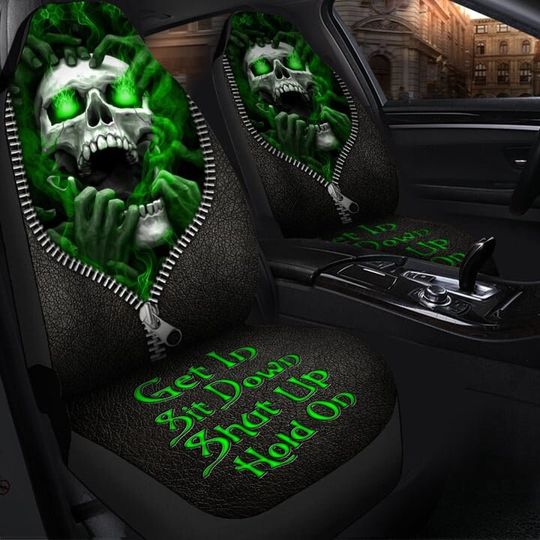 Discover Skull Scream Hold on Green Version Car Seat Covers for Skull Lovers
