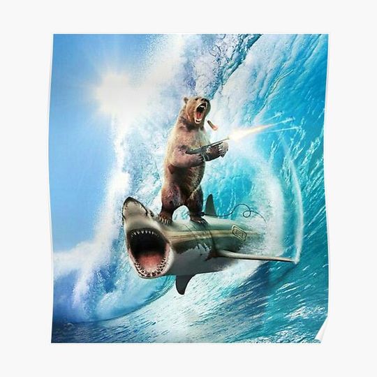 Discover Bear Surfing On Shark Premium Matte Vertical Poster